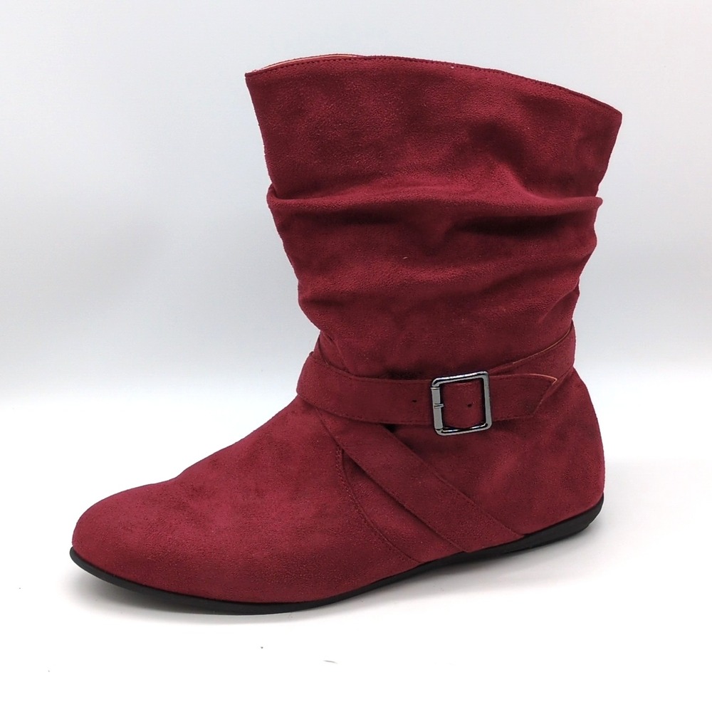 Comfortview Shoes Womens Red 11 WW Ankle Boots Faux Suede Scrunch Zip Flat Heel